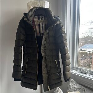 Burberry Olive Puffer Jacket with Gold Zipper